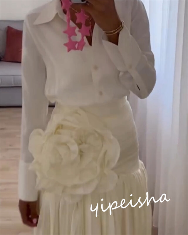 Prom Dress Saudi Arabia     Satin Flower Valentine's Day A-line V-neck Bespoke Occasion  Tea Length