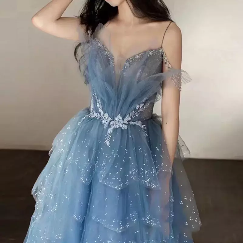LANMU 2024 3D Flowers Sequin Prom evening Dresses Dusty Blue Tulle Layered Skirt Spaghetti Straps Sweetheart Long dress Gown