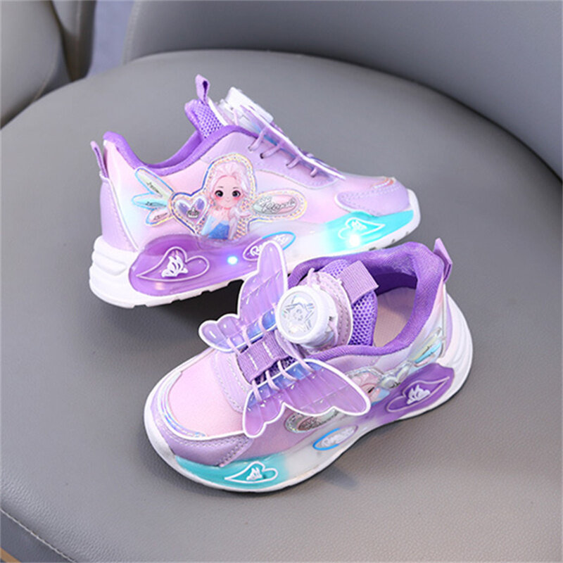Disney-zapatillas de deporte informales LED para niña, zapatos de piel con lazo de princesa Elsa congelada, iluminados, antideslizantes, color morado, talla 21-30, Primavera