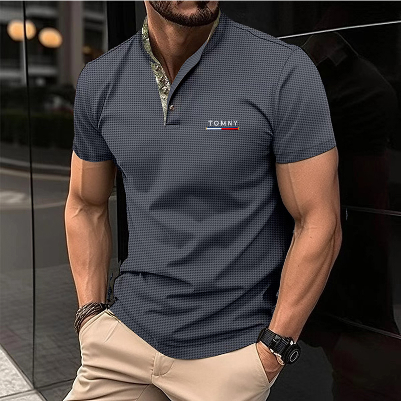Hot selling men's POLO embroidered shirt button Henry neck short sleeved casual sports solid color standing collar men's top
