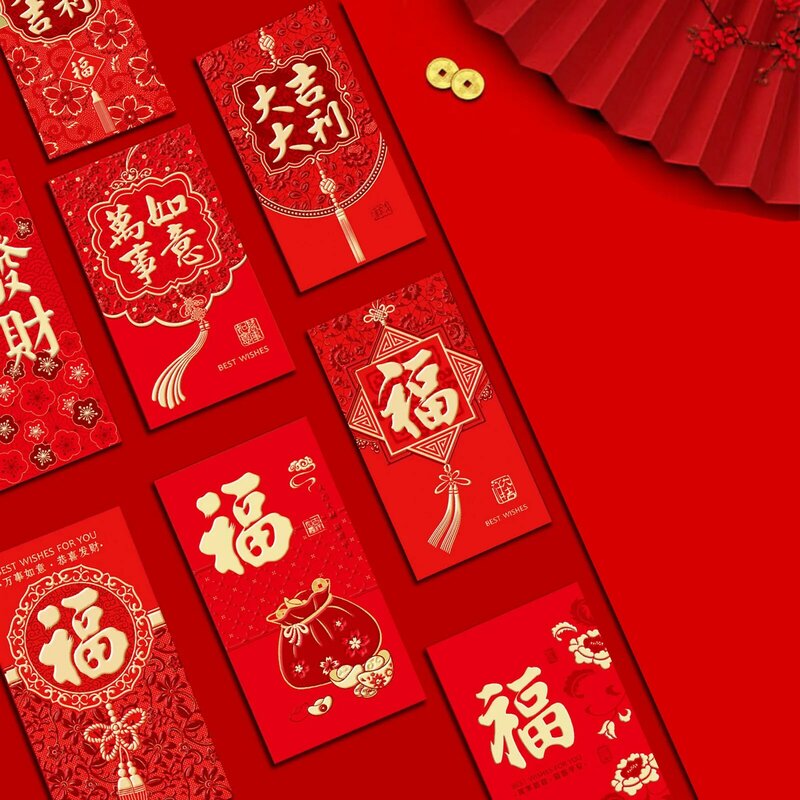 Envelope vermelho do ano novo chinês, ano novo, festival da primavera, zodíaco, logotipo bronzear, primavera, dragão, 6pcs, 2024