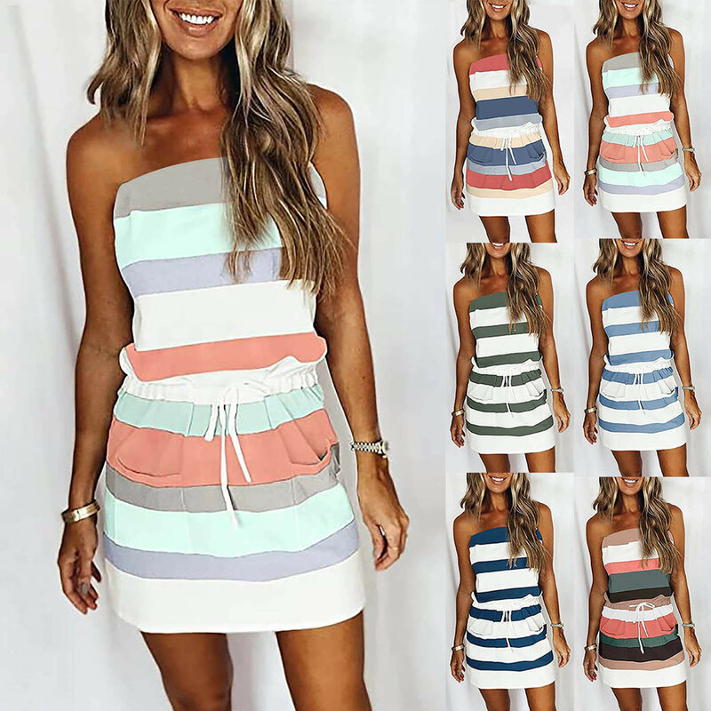 Fashionable New Stripe Mid Waist Pullover One Line Wrap Chest Dress