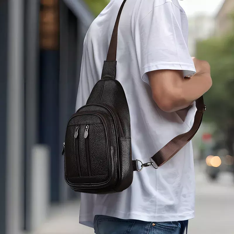 Tas dada kulit asli untuk pria, tas selempang olahraga luar ruangan dengan kapasitas besar