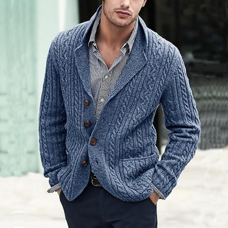 Men Autumn Winter Casual Sweater Coat Lapel Long Sleeve Pockets Twist Texture Pockets Single Breasted Men Knitting Cardigan