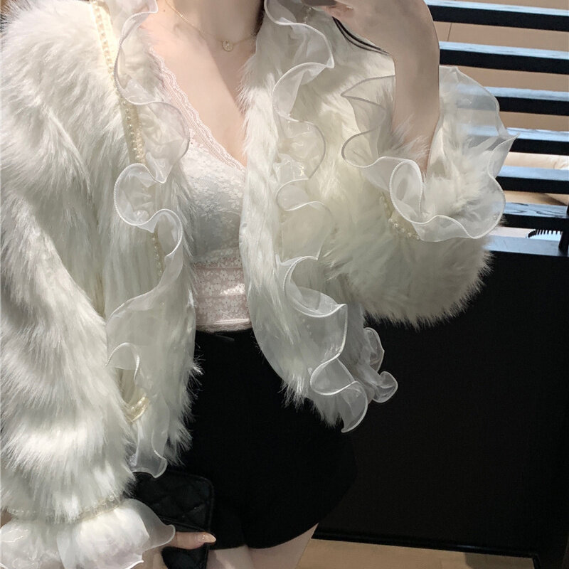 Koreańska biała koronka, falbany kurtka jesienno-zimowa imitacja futra lisa płaszcz moda młoda krótka kurtka damska kurtka ze słodkiego futra kobiecy Trend