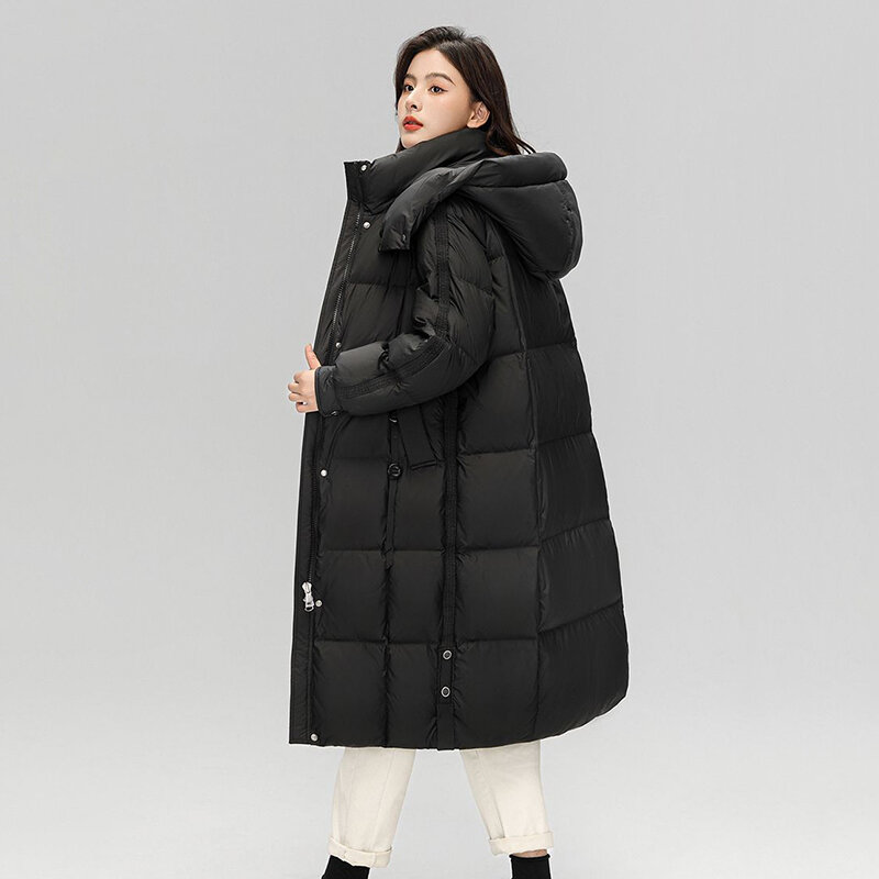 Casaco feminino de pato longo e acima do joelho, casaco de temperamento grosso, moda solta, nova versão coreana, maré 2023