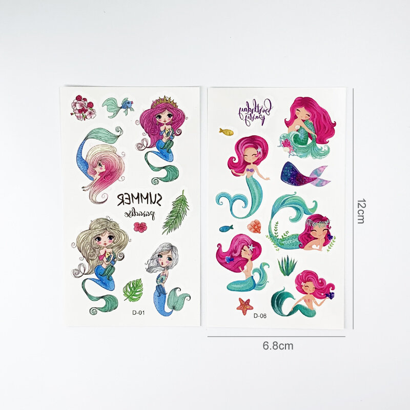 10 Lembar/Set Stiker Tato Putri Duyung Kartun Anak-anak Tahan Air Tato Palsu Satu Kali Lucu Lucu untuk Hadiah Anak Perempuan