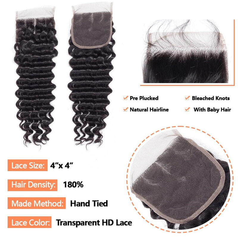 12A Lace HD Transparent Frontal 13x4 Water Wave 4X4 Closure Human Hair Brazilian Loose Closure Deep Water Kinky Curly Straight
