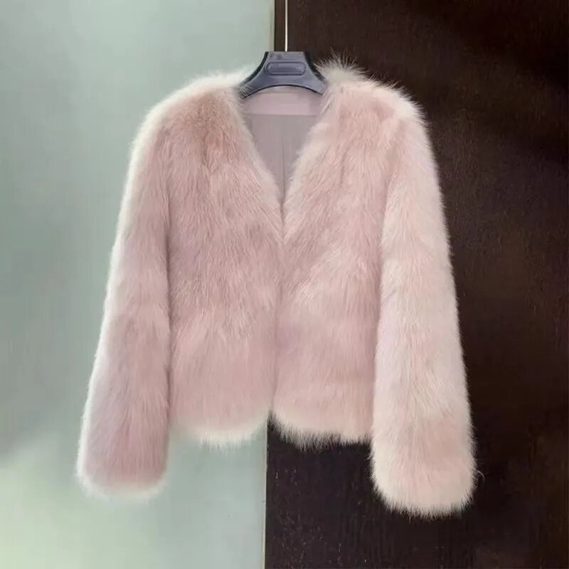 Осенне-зимнее однотонное красивое меховое пальто для женщин с коротким V-образным вырезом модная новая Корейская версия джокера толстое пальто на шнуровке