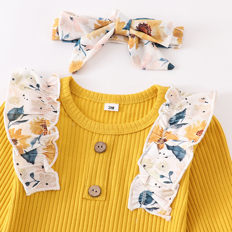 Jesienna nowonarodzona dziewczynka ubranka modne zestawy urocze falbany kwiecista długa rękaw żółte kwiaty długie spodnie na głowę stroje dla niemowląt