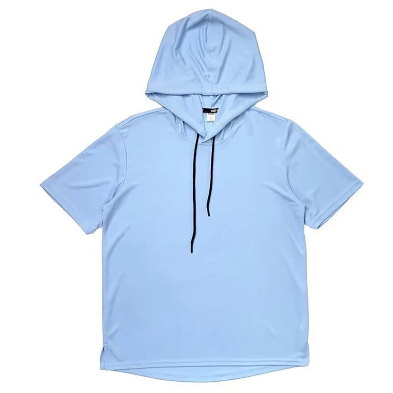Camiseta masculina de poliéster com capuz fino, streetwear solto, camiseta de manga curta, leve capuz elástico, cor sólida