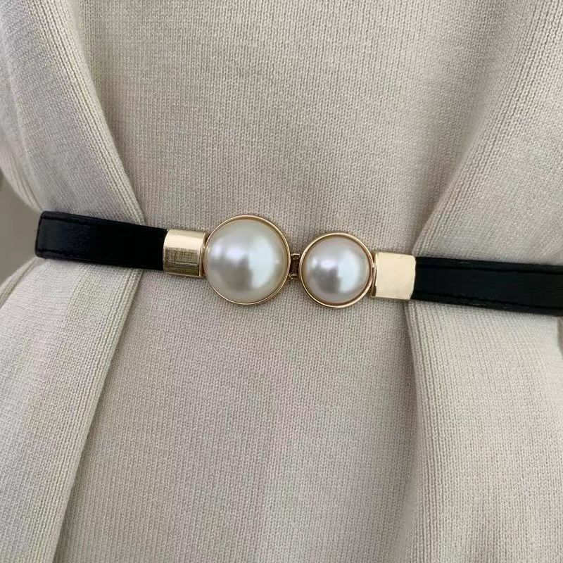 Cintura fina elástica pérola feminina, cinto de fivela versátil, decoração de saia simples, nova moda
