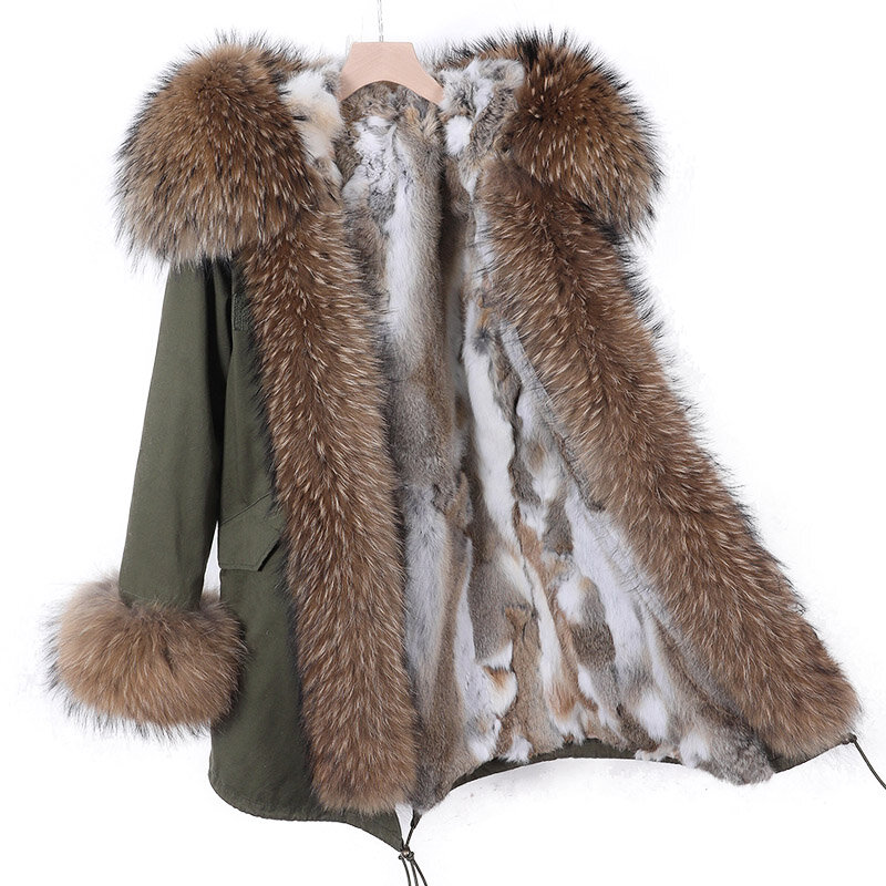 Maomaokong 2023 Real Natural Raccoon Big Fox Fur Collar Parkas Long Female Winter Rabbit Lining Inner Jacket Fur Coat Outerwear