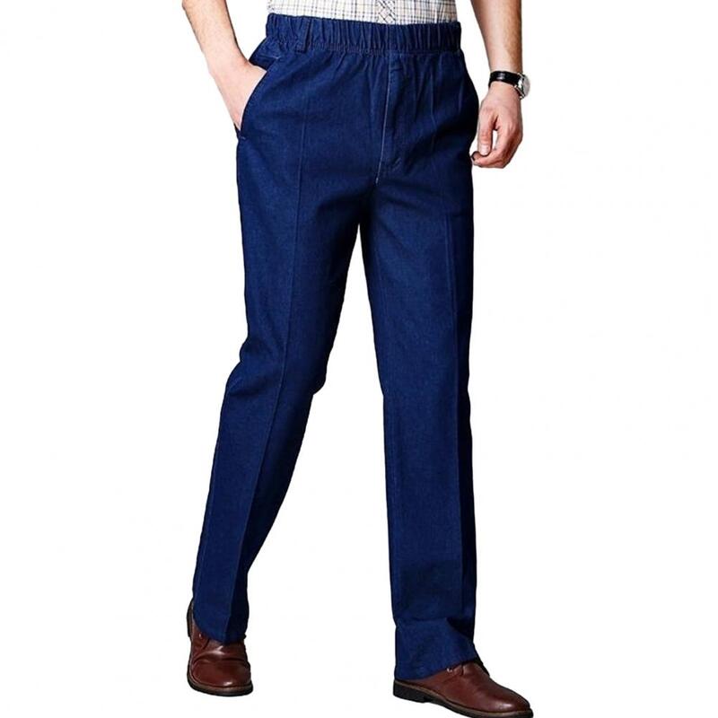 Miękkie elastyczne dżinsy męskie wygodne jeansy męskie w średnim wieku Slim Fit z elastyczną talią i dżinsy z wysokim stanem kieszeniami dla wygody