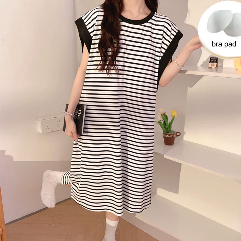 2024 Summer Women Modal Striped Nightgowns With Bra Pad Ladies Casual Loose Home Clothes Sleeveless Sleepwear Female Nightdress