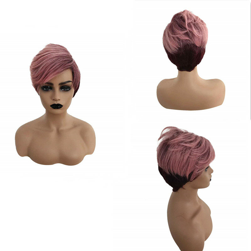 Peruca sintética curta gradiente de cor com franja, cabelo Pixie sem cola para mulher, pronto para usar, moda