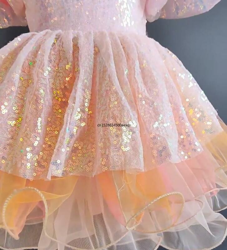 Kids Ballroom Clothing Sequined Modern Dance Tutu Dress Girls Bubble Sleeve Children Performance Dance Costumes Princess Dress