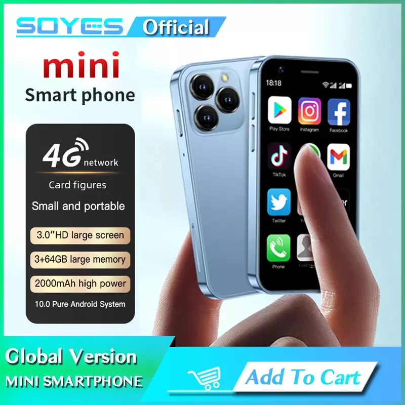 SOYES-XS16 Mini 4G LTE Android 10.0 Smartphone, 3 "Display, Câmera 5MP, Dual SIM, Play Store, Whatsapp, 3GB de RAM, 64GB ROM