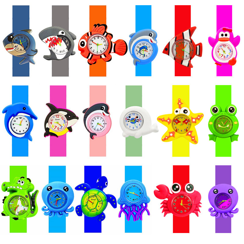 만화 돌고래 상어 어린이 시계, 아기 학습 시간 퍼즐 장난감 팔찌, 3D 악어 게, 어린이 디지털 전자 시계