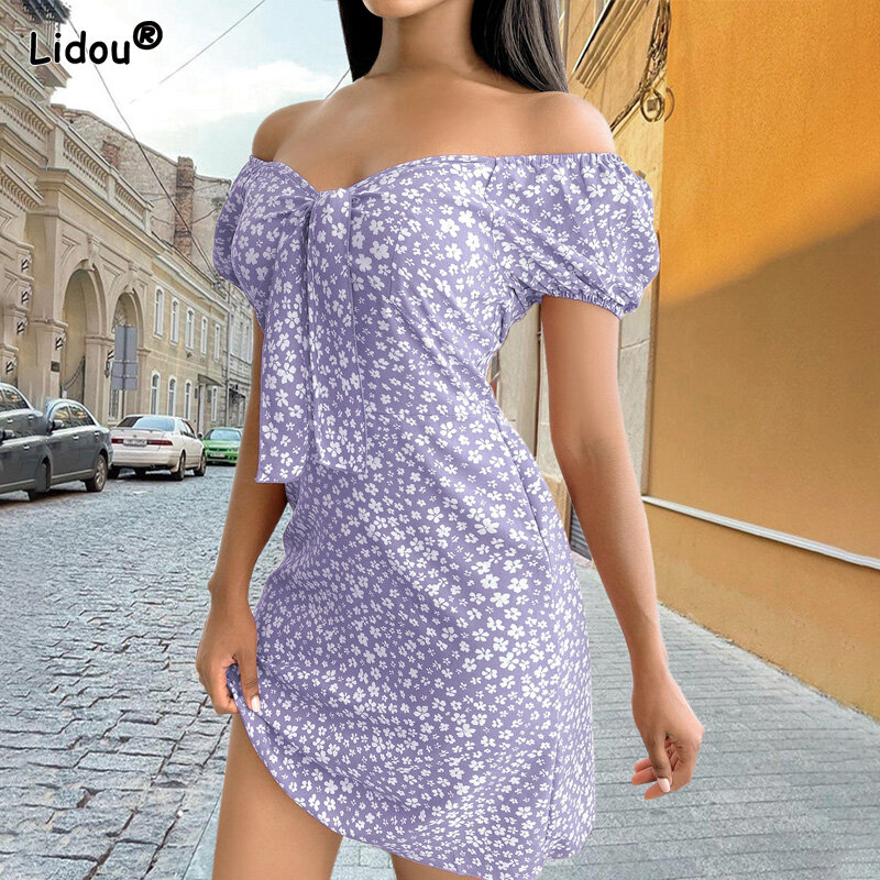 Lady przyczynowy moda z szerokim dekoltem, bez ramienia Sexy sukienki płaszcza lato popularność druku wygodne szczupła odzież damska 2022
