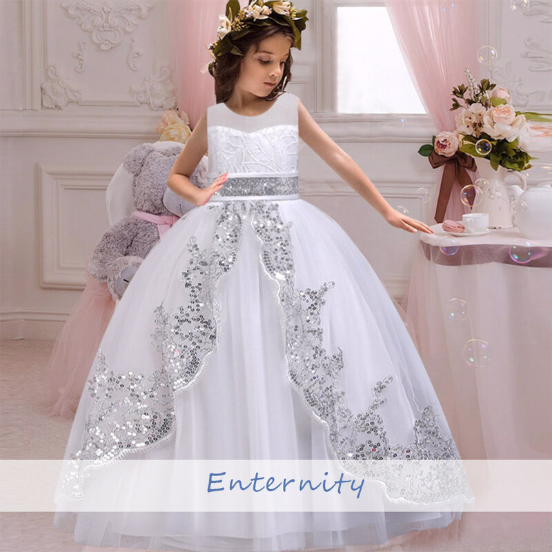 Princess Ball-Gown O-neck Wedding Party Dress Open Back Demure Pearls Sequin Flower Girl Dress Sleeveless Beauteous Vestido Niña