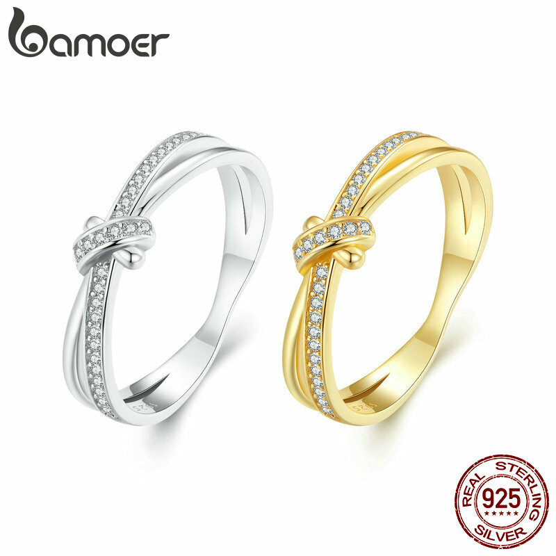 Bamoer cincin dapat ditumpuk simpul dua lapis perak murni 925 untuk wanita desain asli perhiasan halus SCR896 2 warna