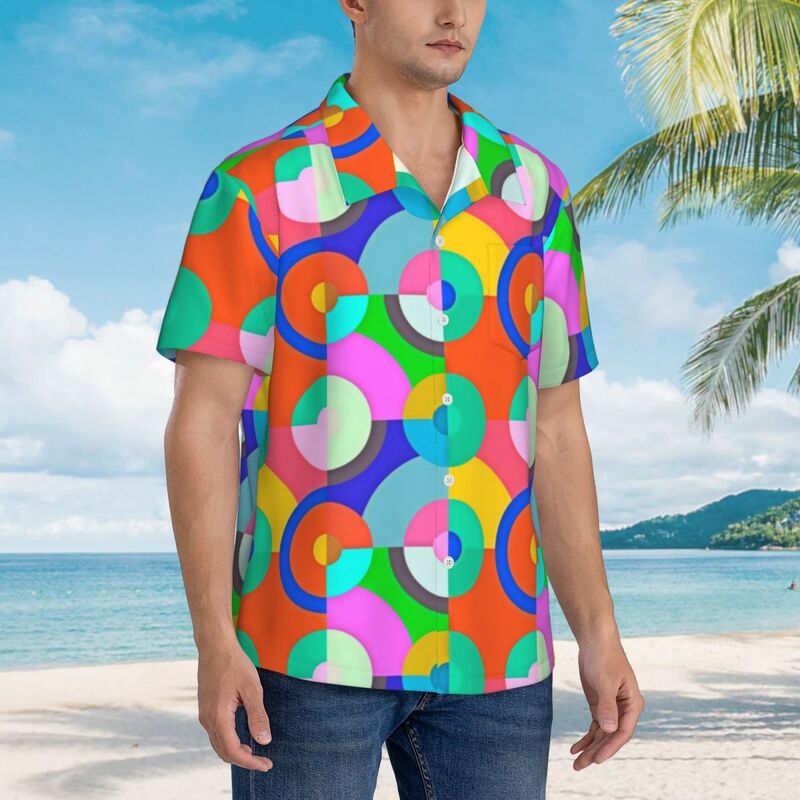Kolorowa koszula wakacyjna z motywem Geo-Print letnia koszule na co dzień męska z krótkim rękawem Harajuku, z nadrukiem odzież