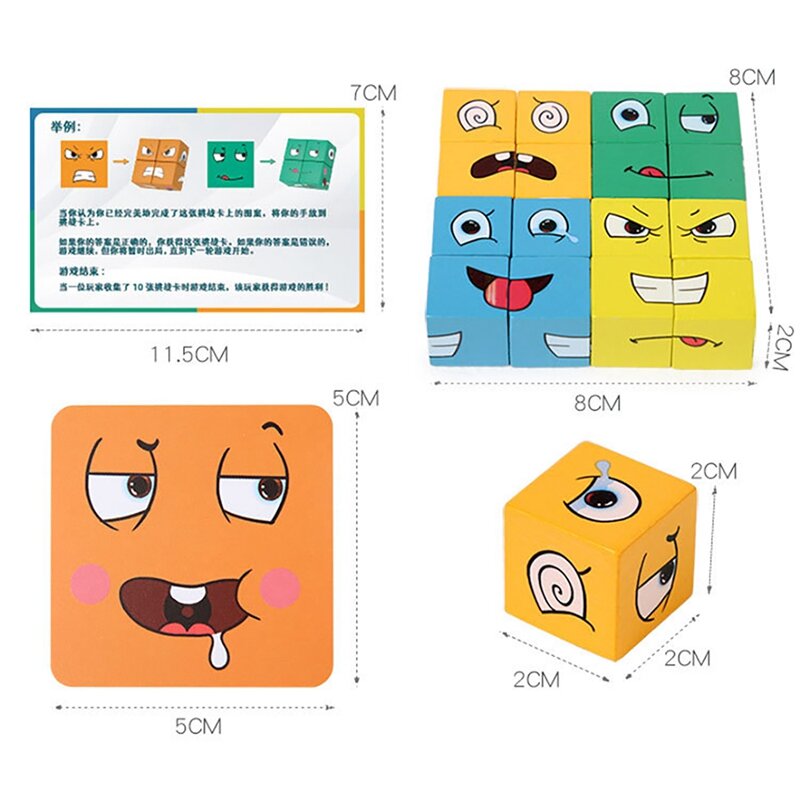 Jigsaw Puzzle ekspresi kayu, mainan pendidikan, mainan blok Volume kubik yang berubah wajah