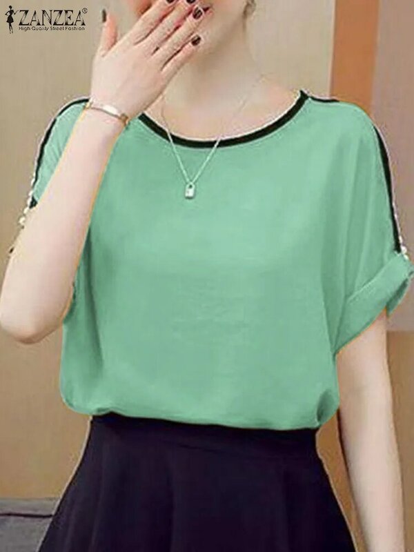 ZANZEA blus wanita lengan pendek, blus perca wanita gaya Korea leher bulat atasan dasar tunik Musim Panas 2024