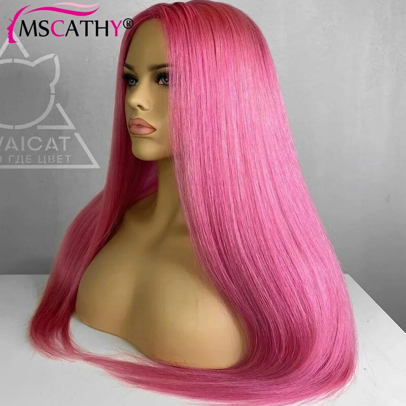 Wig renda depan transparan 13x4 HD berwarna merah muda Wig rambut manusia Virgin Brasil garis rambut lurus sutra untuk wanita