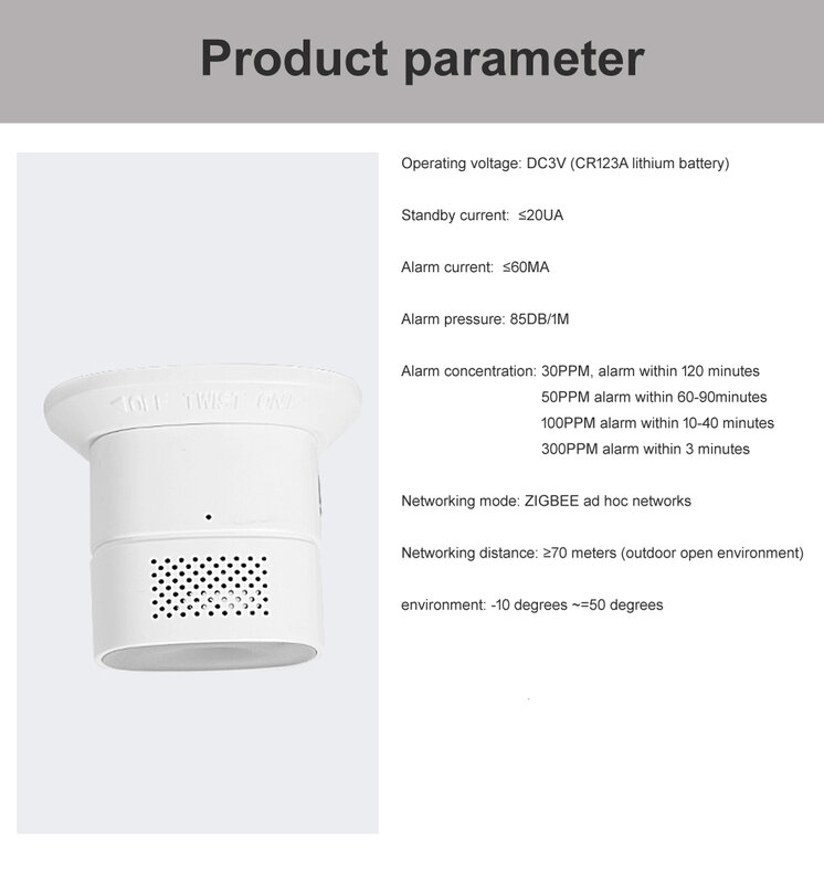 Détecteur de monoxyde de carbone Zigbee 3.0 pour la cuisine, alarme de gaz CO, compatible avec SmartThing, Deconz et Home Assistant