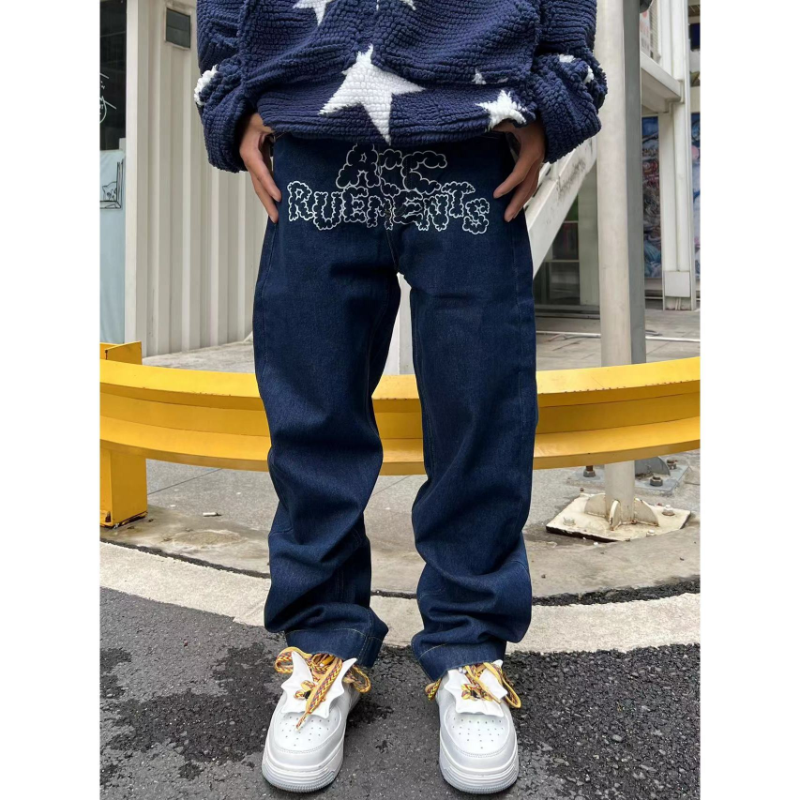2023 jeans retrò y2k con stampa a stella da uomo hip-hop americano a vita alta con cerniera dritta a strati allentata tendenza jeans casual di moda