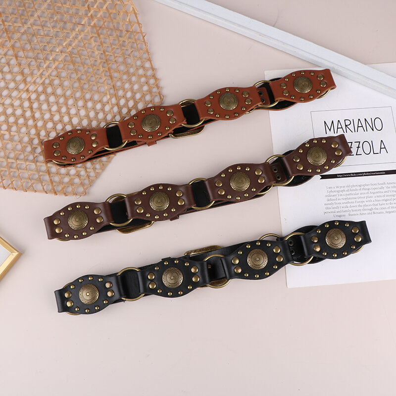 Cinturón Vintage de PU Y2K para mujer, fajas de Metal bohemias para vacaciones, cinturón de calle ajustable, cinturón estético Harajuku
