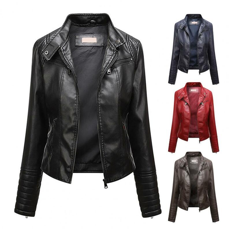 Chaqueta de cuero Artificial para mujer, chaqueta de motociclista de piel sintética, elegante, ajustada, con cuello levantado