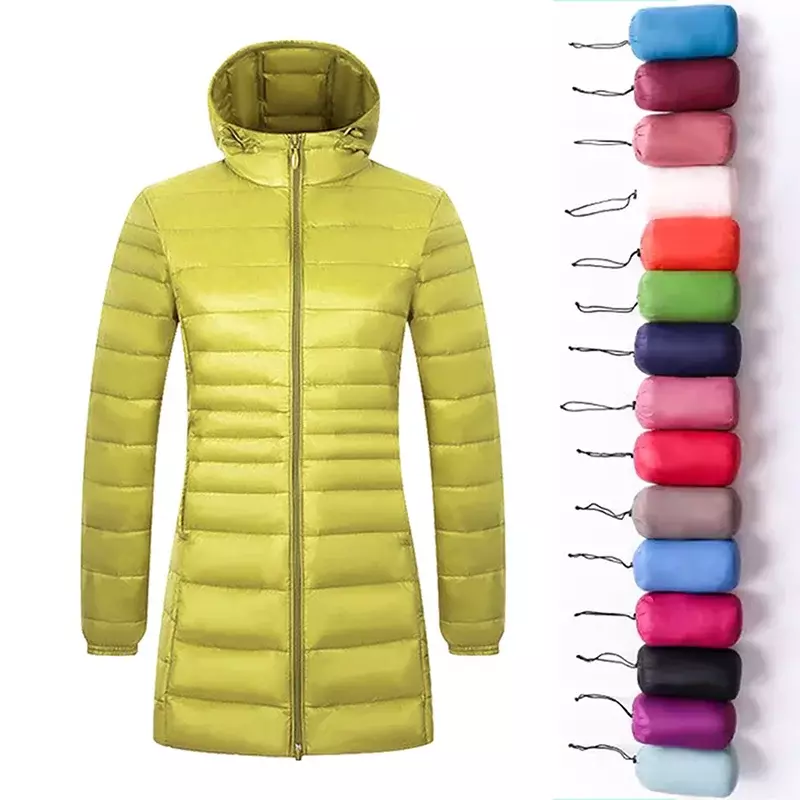 Женская длинная теплая зимняя куртка, женская модная куртка с капюшоном и портативной сумкой для хранения, женские пуховики, пальто до бедер