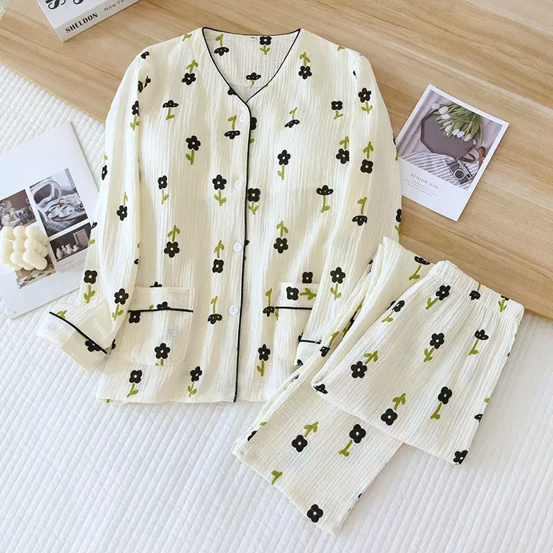 Terno pijama de algodão feminino, pijama feminino, estampa acolchoada no peito, estilo coreano, crepe, 2 peças, primavera e outono