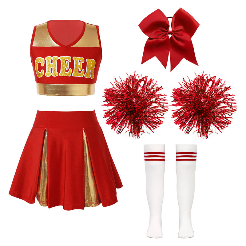 Kids School Girls Cheerleader Uniforms Sleeveless Crop Top Skirt Socks Clothes Sets for Children Cheerleading Dance Outfits