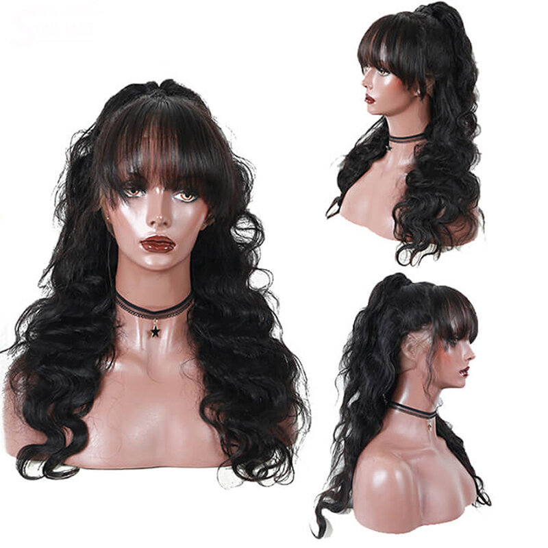 Perruque Lace Front Wig sans colle avec frange, cheveux humains, pre-plucked, HD, pre-plucked, 5x5