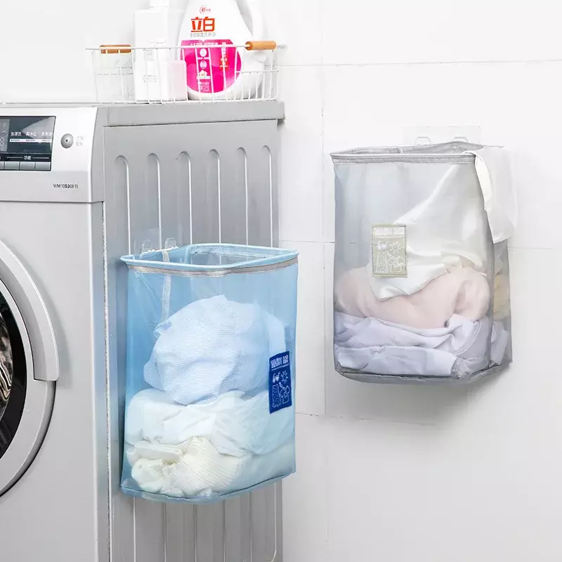ตะกร้าซักผ้าแบบติดผนังพับได้ตะกร้าเก็บของเล่นในบ้านกระเป๋าตาข่ายใส่เสื้อผ้าสกปรกสำหรับห้องน้ำ