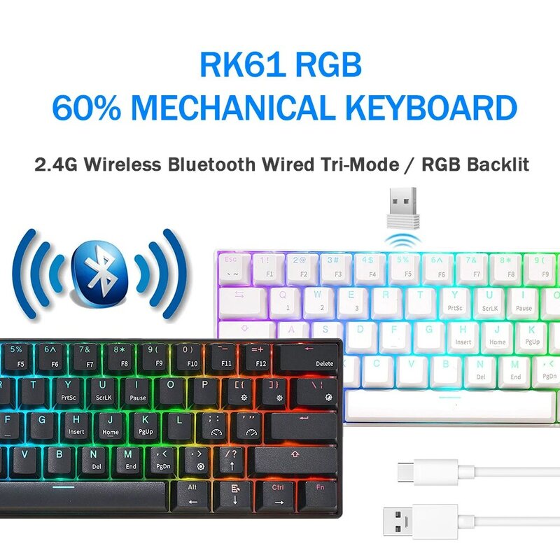 Teclado mecánico inalámbrico RK61 Royal Kludge, periférico trimodo con Bluetooth 5,0/2,4G/USB-C, retroiluminado RGB, 61 teclas intercambiables en caliente