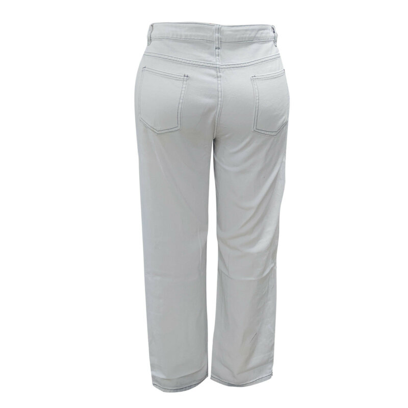 女性用ハイウエストルーズデニムジーンズ、ロングパンツ、ポケット、伸縮性のある穴、パンツ、ストリートウェア