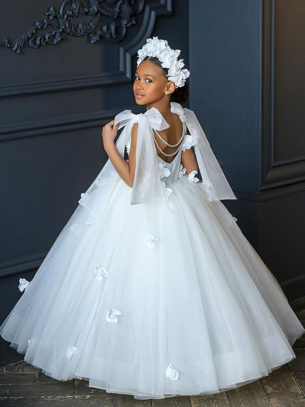 花の形をした白い弓のノースリーブドレス,結婚式,子供のためのエレガントなイブニングドレス,結婚式,2022