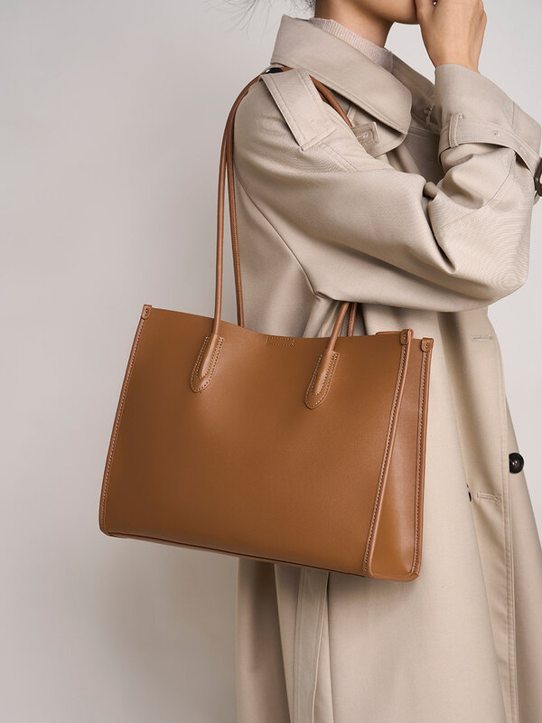 Женская кожаная сумка, нишевая Сумка-тоут из мягкой кожи, универсальная, Минималистичная вместительная сумка через плечо, сумка из воловьей кожи