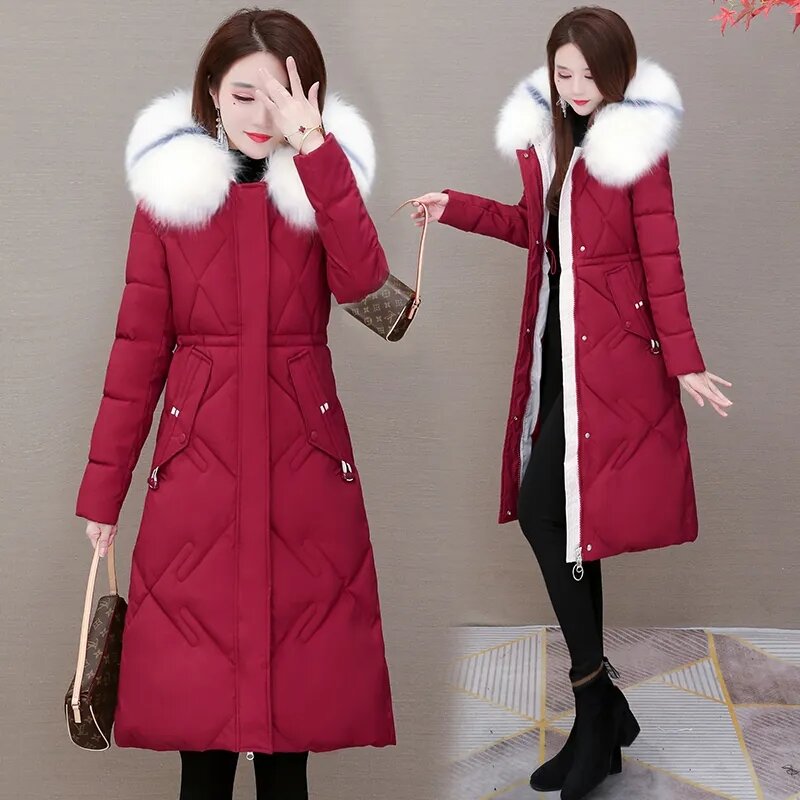 2023 Winter neue Mode Pelz kragen Kapuzen jacke Frauen Parkas lange Daunen Baumwoll mantel weibliche lässige dicke warme Outwear Mantel