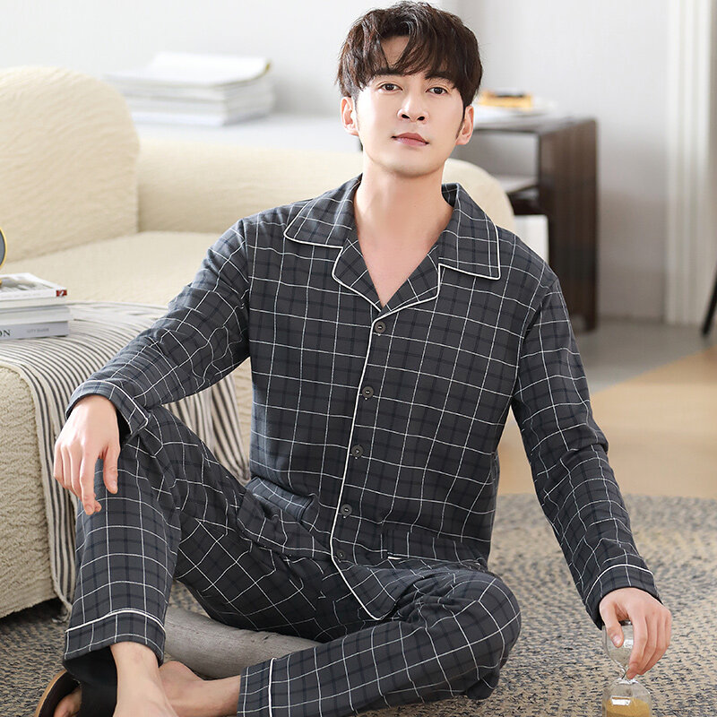 Men's 100% Cotton Lapel Cardigan Pajamas Plaid Sleepwear Spring Autumn Casual Comfortable Pajamas for Men Big Yards Pajama Sets