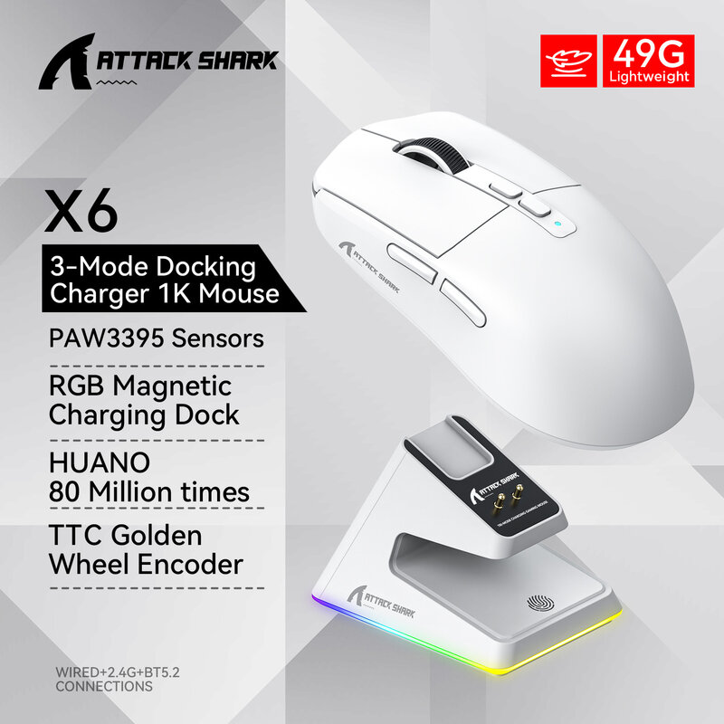 Attack Shark X6 49G Mouse nirkabel yang dapat diprogram 2.4G kabel USB PAW3395 26000 DPI untuk Laptop PC Mouse Gaming komputer optik