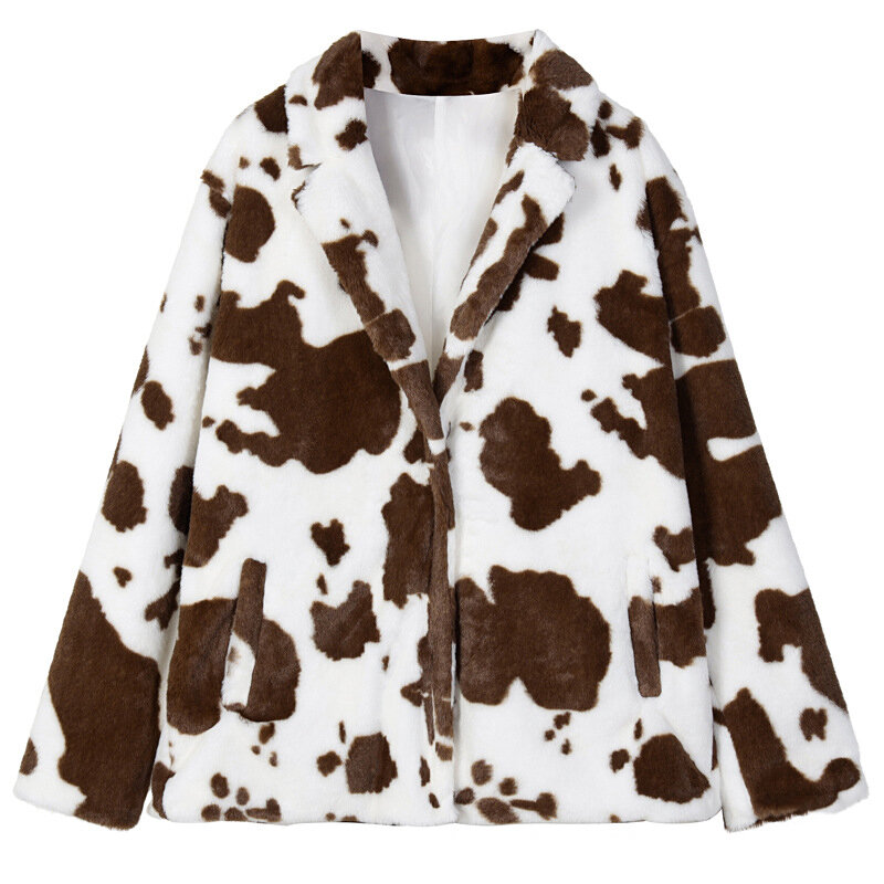 女性のための原宿プリントのウサギの毛皮のジャケット,十分な袖のコート,ふわふわ,暖かい服,新しいファッション,秋冬