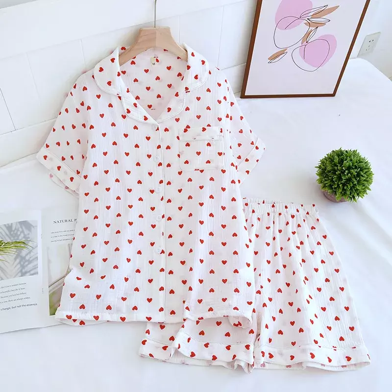 Conjunto de pijama con estampado de corazón para mujer, ropa de dormir transpirable de tela 100% de algodón, suave, para el hogar, primavera y verano