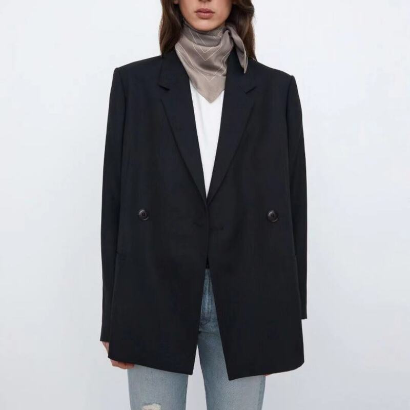 Blazer de trespassado duplo estilo minimalista feminino, gola solta casual, casaco, almofadas de ombro, lapela, sem etiquetas no colarinho, novo, outono