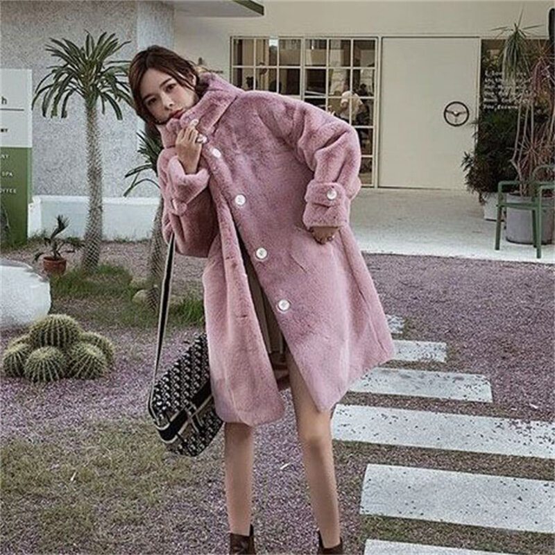 Elegant Luxury Thickening Loose Faux Fur Fluffy Jackets Korean Fashion Hooded Single Breasted Warm Coats Women Temperament Tops